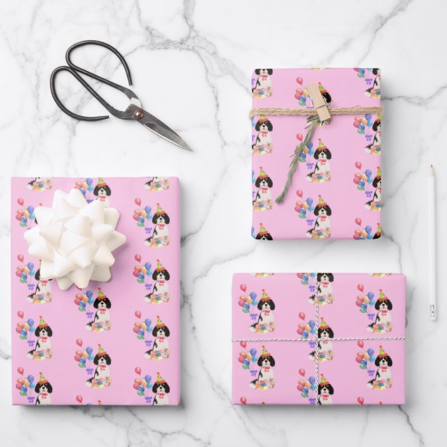 Tri Colour Cavalier King Charles Spaniel Birthday  Wrapping Paper Sheet (Front)