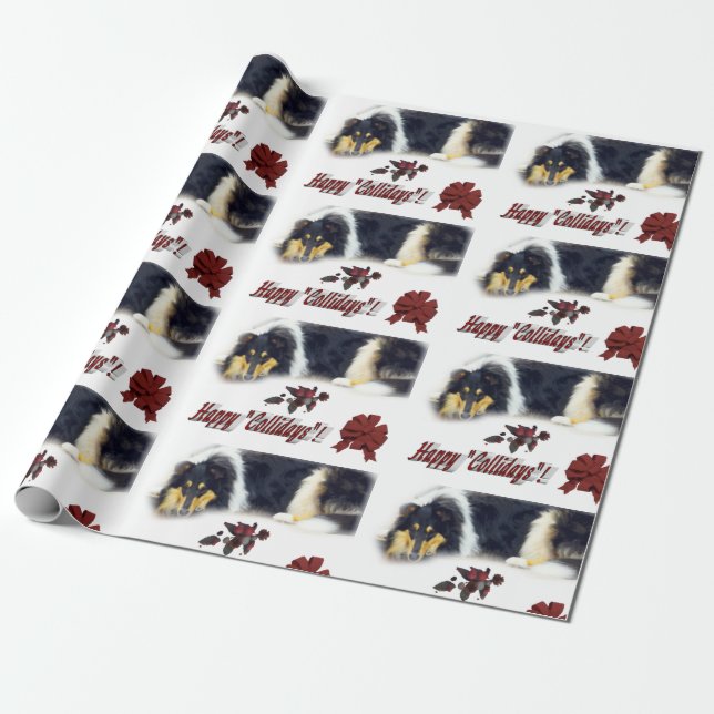 Tri Colour Collie Christmas Wrapping Paper (Unrolled)