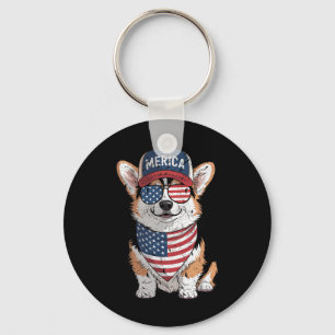 Tri Colour Corgi 4th Of July Us American Flag Dog Key Ring