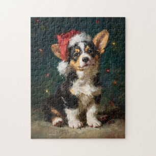Tri-Colour Corgi Puppy Christmas Painting Jigsaw Puzzle