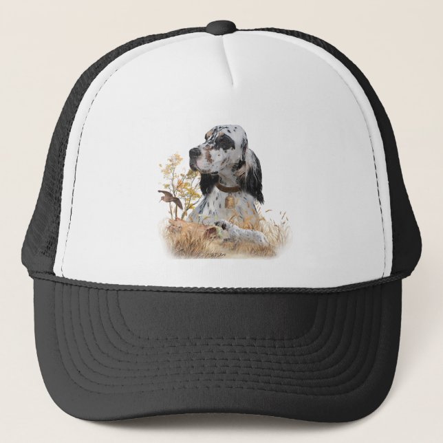Tri Colour English Setter Art, woodcock Hunting Trucker Hat (Front)