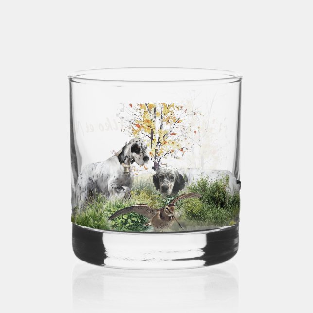 Tri Colour English Setters Art, woodcock Hunting Whiskey Glass (Front)