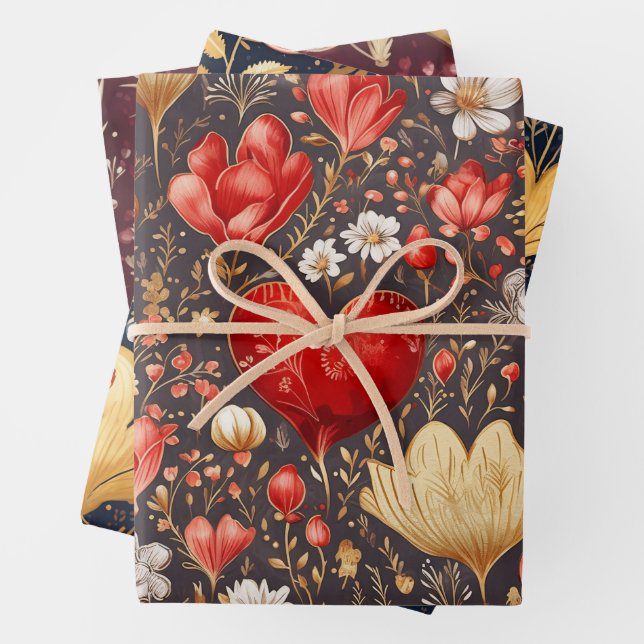 Tri-Colour Floral & Gold Valentines Hearts Wrapping Paper Sheet (In situ)
