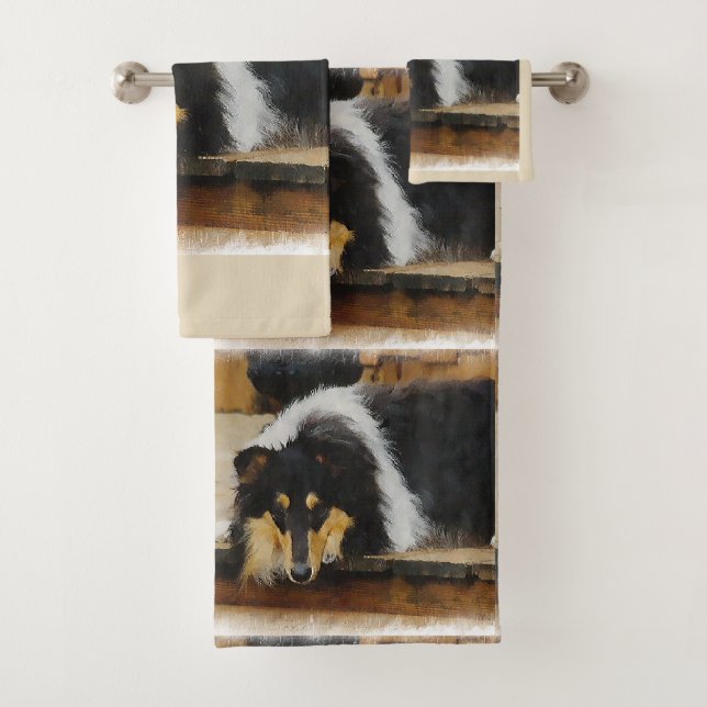 Tri Colour Rough Collie Art Bath Towel Set (Insitu)