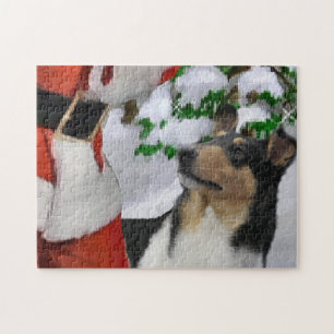 Tri Colour Smooth Collie With Santa Christmas  Jigsaw Puzzle