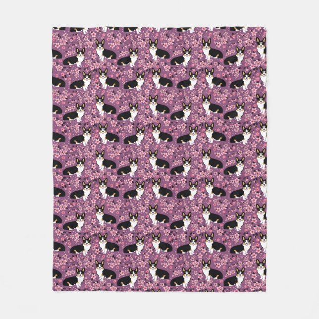 Tri Coloured Corgi Cherry Blossoms - purple Fleece Blanket (Front)