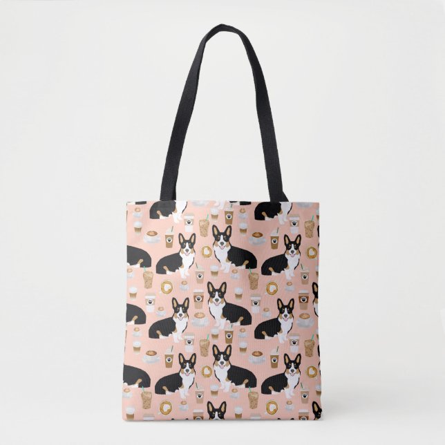 Tri coloured Corgi Coffee pattern - blush Tote Bag (Front)