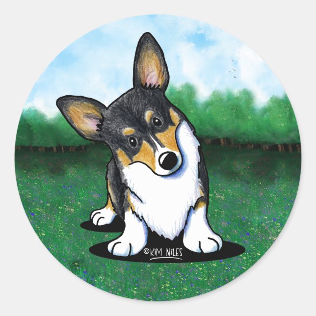 Tri Curious Corgi Classic Round Sticker (Front)