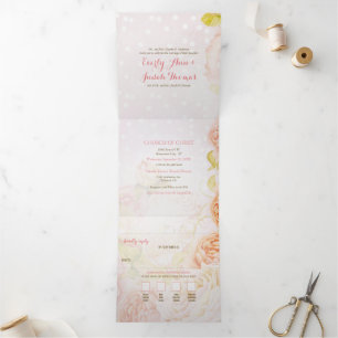 Tri-Fold Blush Rose All In One Wedding Invitation