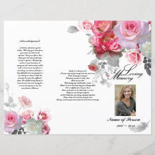Tri-Fold Funeral Program - Pink Grey Roses