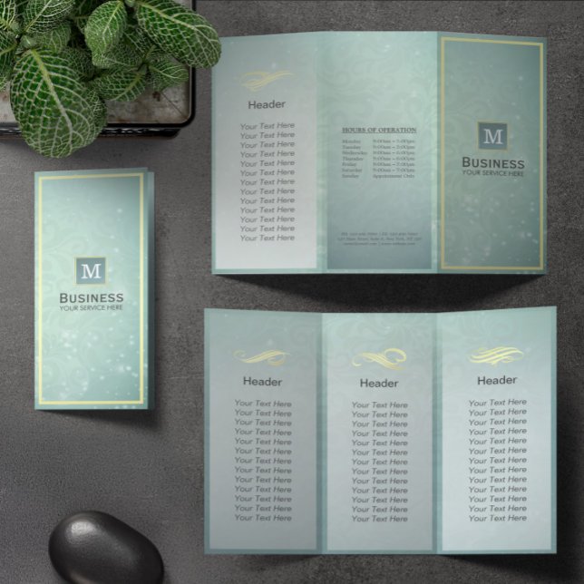 Tri-Fold Gold Blue Monogram Modern Salon Brochures (Creator Uploaded)