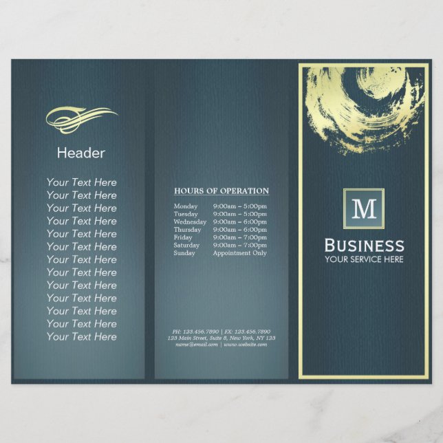 Tri-Fold Gold Blue Monogram Yoga Massage Brochures (Front)