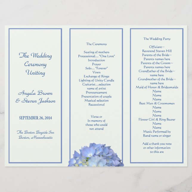 Tri-fold Pale Green Blue Hydrangea Wedding Program (Front)
