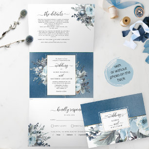 Tri-Fold Wedding Invitation with RSVP Blue Floral