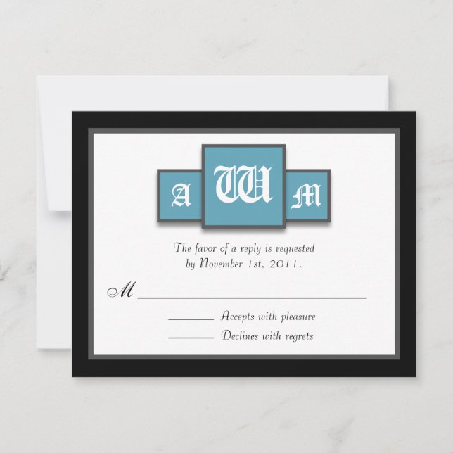 Tri-Monogram Blue Modern Reply / RSVP Cards (Front)