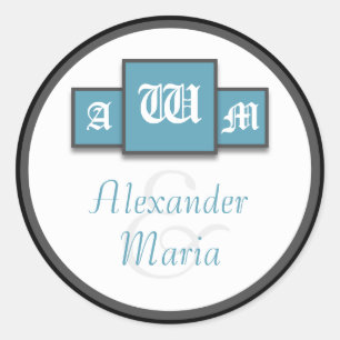 Tri-Monogram Blue Modern Wedding Stickers/Seals Classic Round Sticker