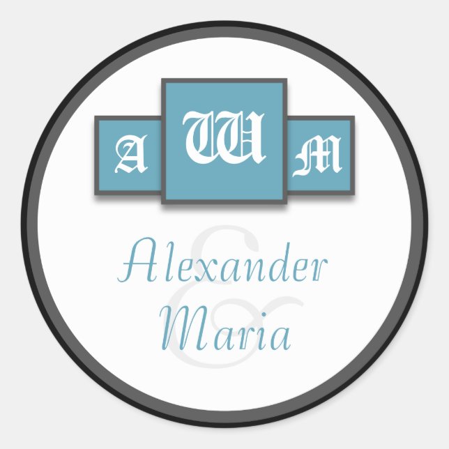 Tri-Monogram Blue Modern Wedding Stickers/Seals Classic Round Sticker (Front)