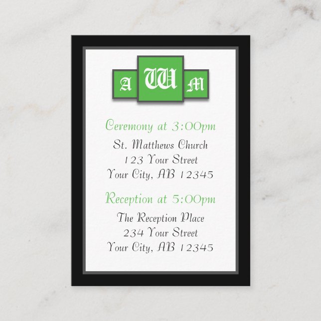 Tri-Monogram Green Modern Guest Reference Cards (Front)