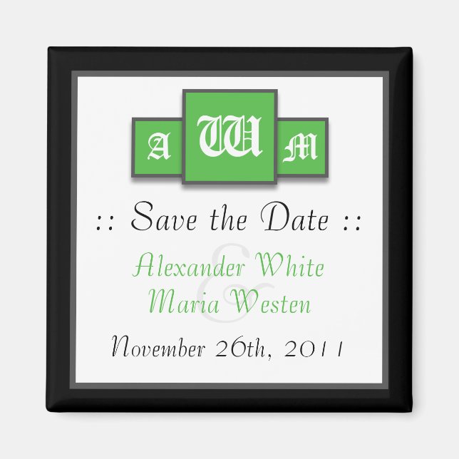 Tri-Monogram Green Modern Save the Date Magnets (Front)