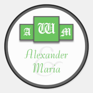 Tri-Monogram Green Modern Wedding Stickers/Seals Classic Round Sticker