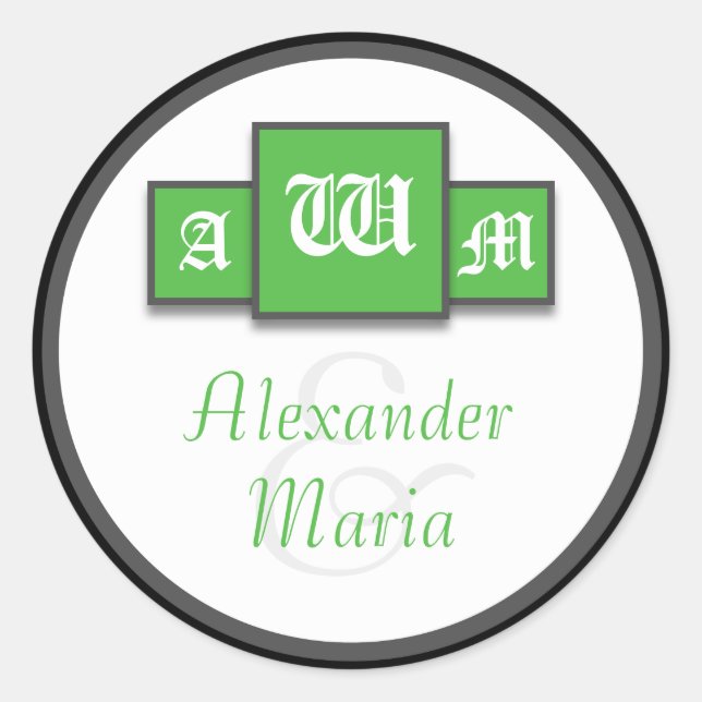 Tri-Monogram Green Modern Wedding Stickers/Seals Classic Round Sticker (Front)