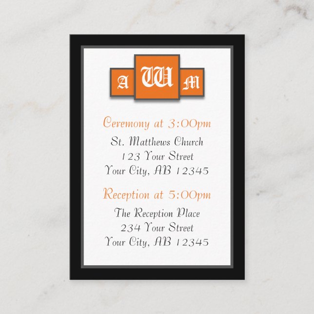 Tri-Monogram Orange Modern Guest Reference Cards (Front)