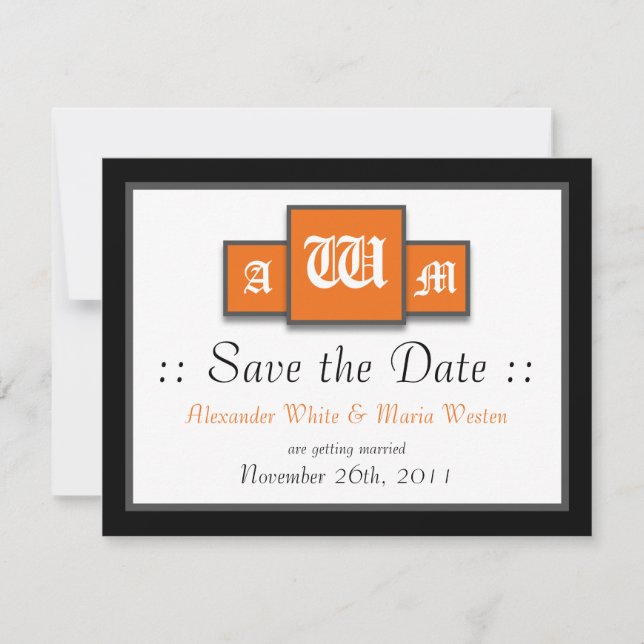 Tri-Monogram Orange Modern Wedding Save the Dates Invitation (Front)