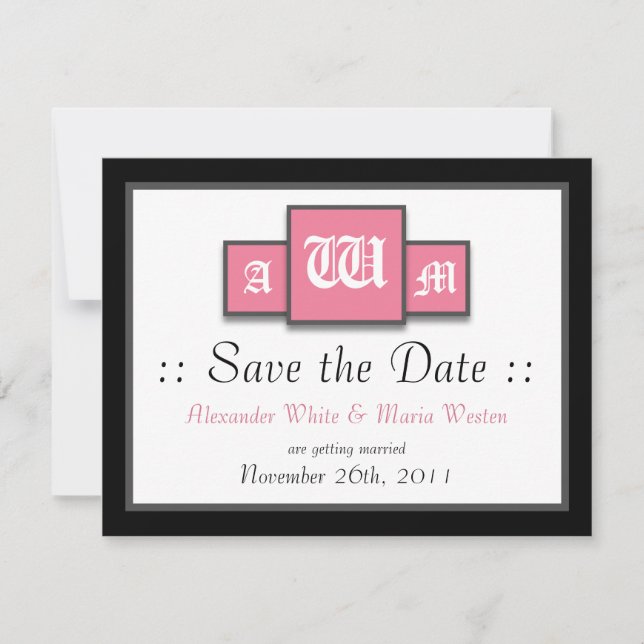 Tri-Monogram Pink Modern Wedding Save the Dates Invitation (Front)