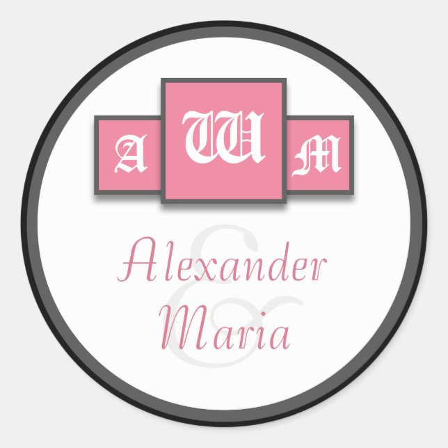 Tri-Monogram Pink Modern Wedding Stickers/Seals Classic Round Sticker (Front)