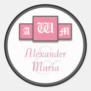 Tri-Monogram Pink Modern Wedding Stickers/Seals Classic Round Sticker
