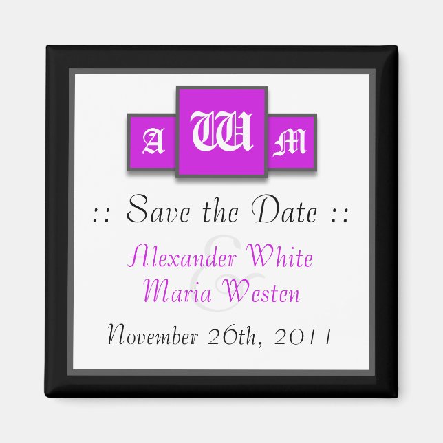 Tri-Monogram Purple Modern Save the Date Magnets (Front)
