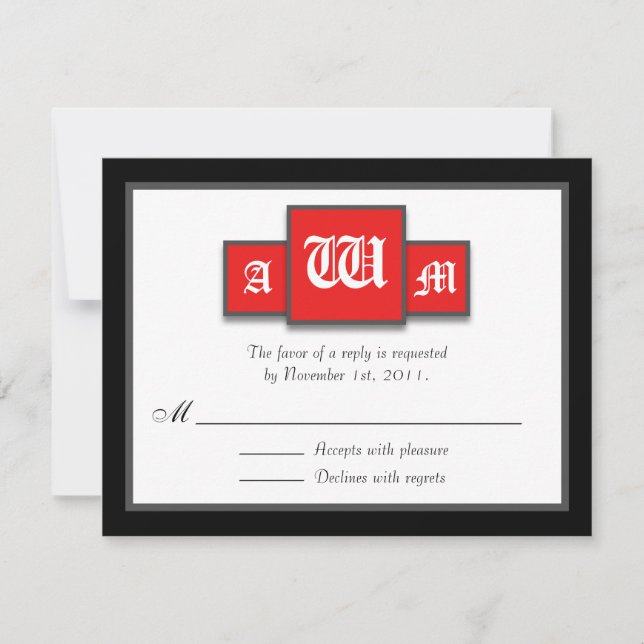 Tri-Monogram Red Modern Reply / RSVP Cards (Front)