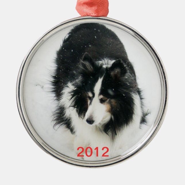 Tri Sheltie in Snow Template Metal Tree Decoration (Front)