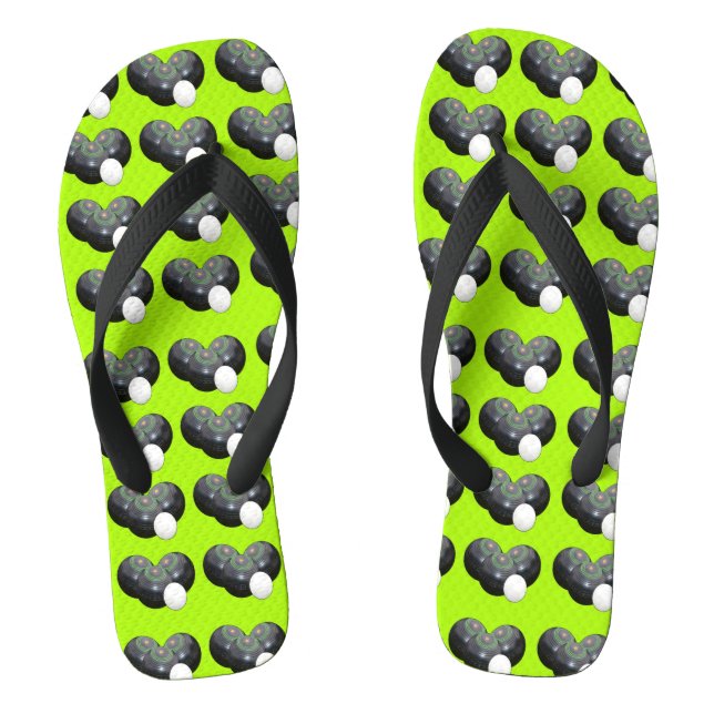 Triad of Precision: Lawn Bowls Trio Jack on Lime Jandals (Footbed)