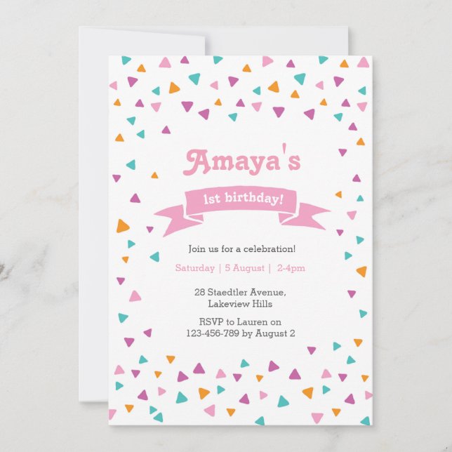 Triangle confetti Girl's Birthday Invitation (Front)