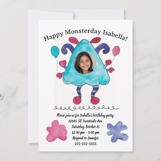 Triangle Monster Kids Photo Birthday Invitation (Front)