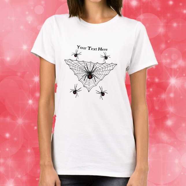 Triangle shaped Spider Web With Black Widow Spider T-Shirt (Poisonous black widow spiders in triangle shaped black web on womans tee shirt.)