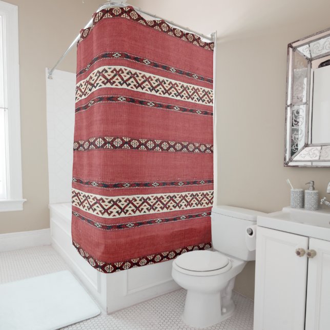 Triangle Stripe Kilim II Red Black White  Shower Curtain (In Situ)