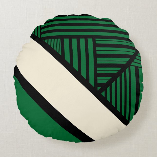 Triangle Stripes - Green, Cream and Black Round Cushion (Front)