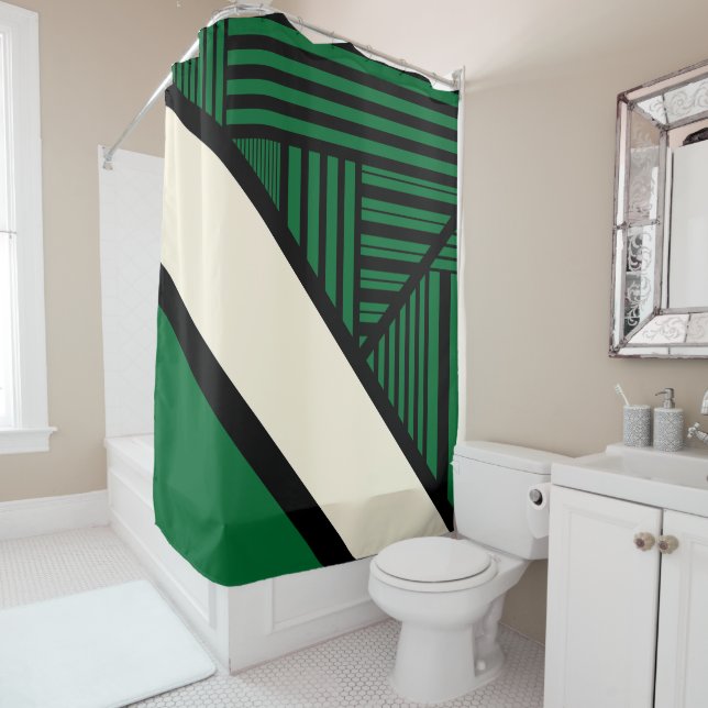 Triangle Stripes - Green, Cream and Black Shower Curtain (In Situ)