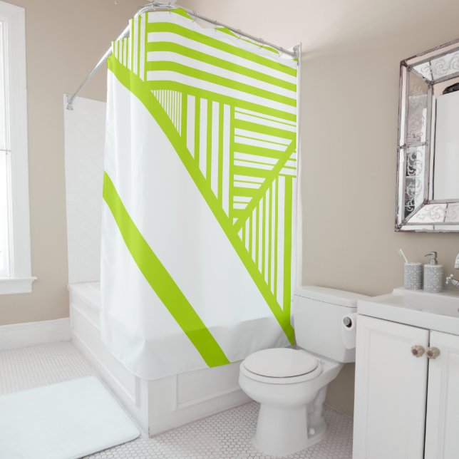 Triangle Stripes in Lime Green and White Shower Curtain (In Situ)