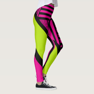 Triangle Stripes in Lime Green, Hot Pink and Black Leggings