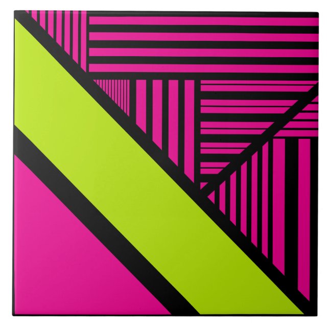 Triangle Stripes in Lime Green, Hot Pink and Black Tile (Front)