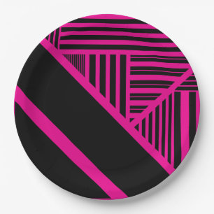 Triangle Stripes in Magenta and Black Paper Plate