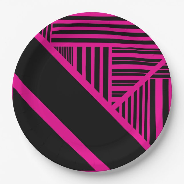 Triangle Stripes in Magenta and Black Paper Plate (Front)