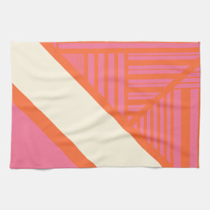 Triangle Stripes in Pink, Orange and Cream Tea Towel