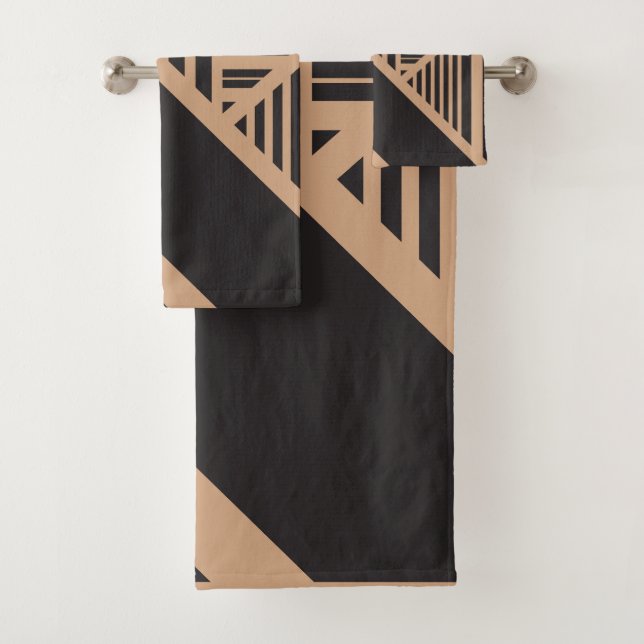 Triangle Stripes in Tan and Black Bath Towel Set (Insitu)