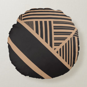 Triangle Stripes in Tan and Black Round Cushion