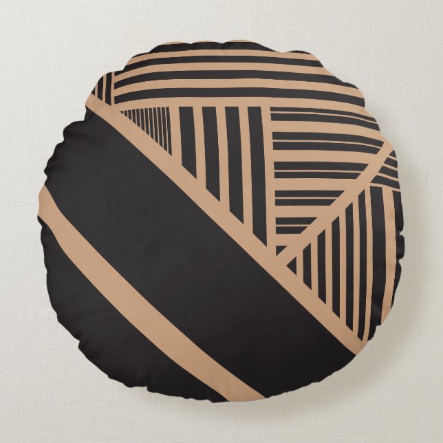 Triangle Stripes in Tan and Black Round Cushion (Front)