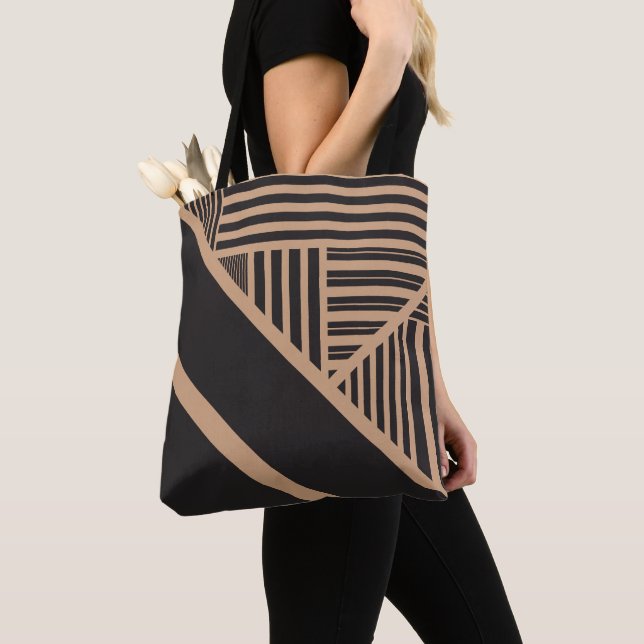 Triangle Stripes in Tan and Black Tote Bag (Close Up)